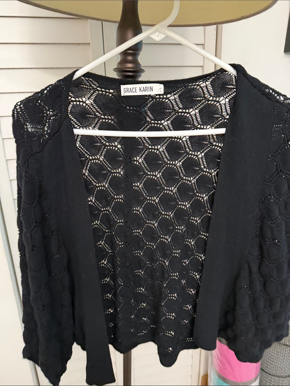Grace Karin Black Openwork Crochet Knit Cardigan